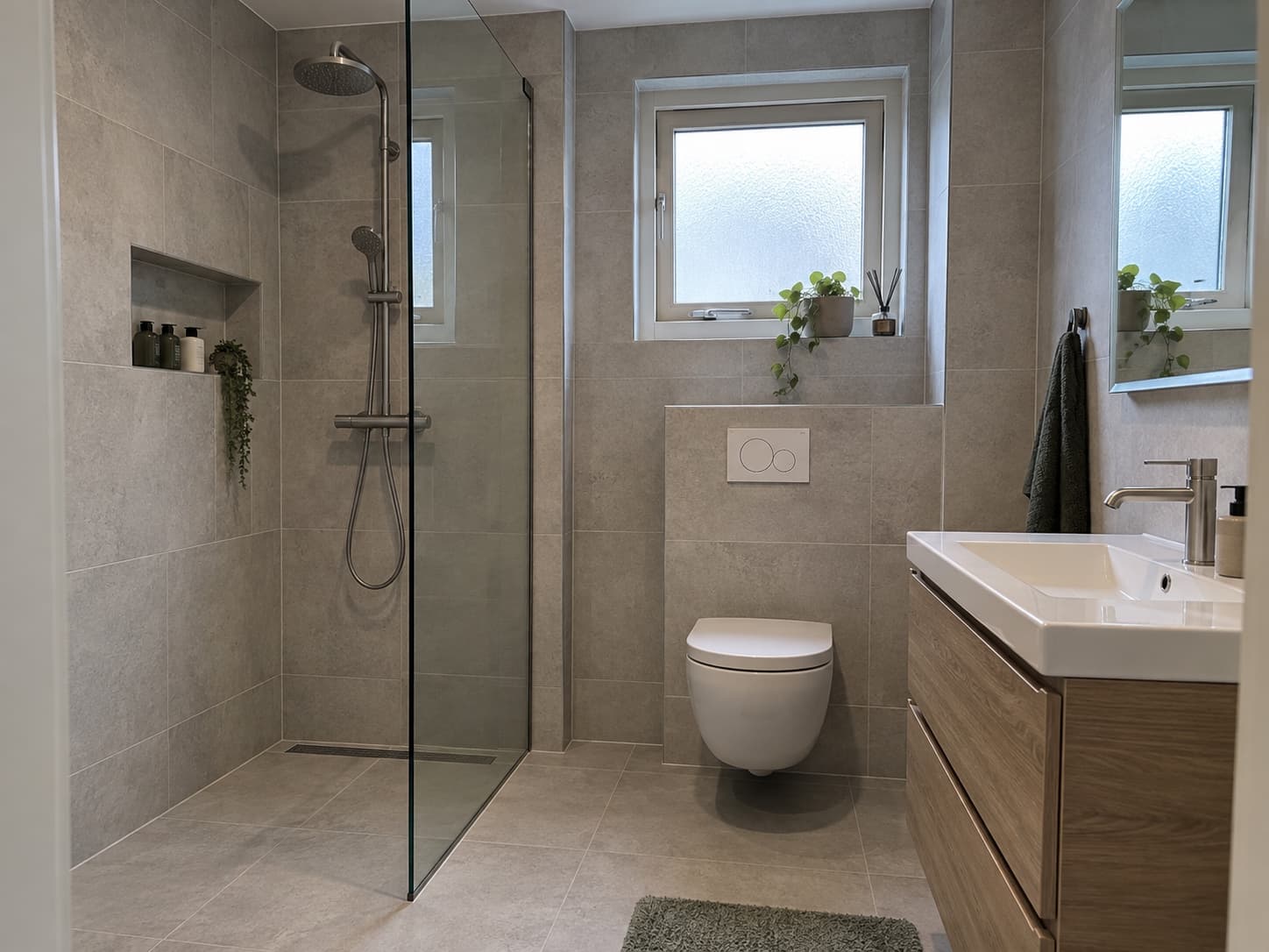 Nieuwe badkamer met inloopdouche en hangtoilet